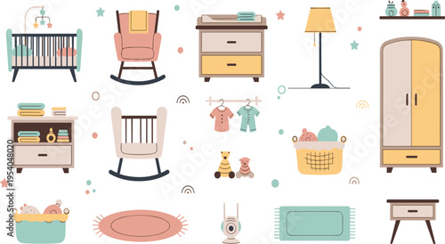 Cute Baby Nursery Furniture Vector Set with Crib, Rocking Chair, Wardrobe, Lamp, Storage, Rugs, and Cozy Infant Room Interior Elements Design.