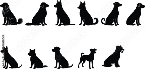 dog, silhouette, vector, icon, pet, animal, breed, canine, puppy, hound, sitting, standing, tail, ear, fur, domestic, companion, design, art, graphic, illustration