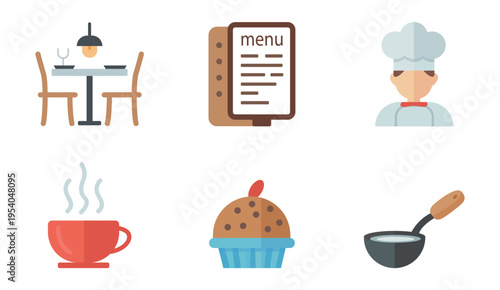 Restaurant and cafe icon set with chef, menu, coffee cup and cupcake.