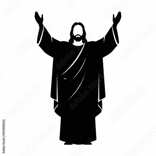 Jesus Christ silhouette with arms raised in worship or blessing.