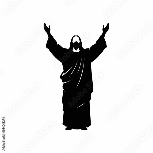 Jesus Christ silhouette with arms raised in worship.