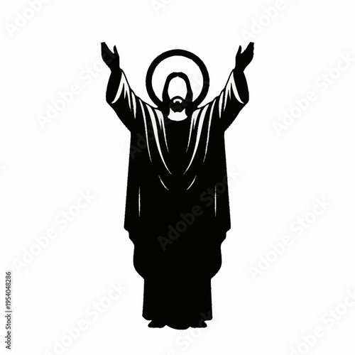 Jesus Christ Silhouette with Halo and Raised Arms.