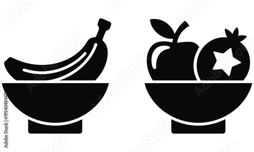 Vector graphic illustration of two bowls with fruit including bananas apples and pomegranates in a simple modern design