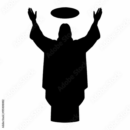 Silhouette of Jesus Christ with halo and raised arms in worship.