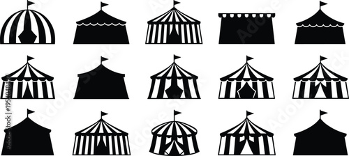 circus, tent, silhouette, vector, icon, carnival, fair, festival, show, performance, striped, flag, roof, pavilion, marquee, entertainment, design, art, graphic, illustration, pattern