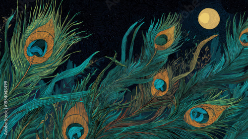 Luxurious Art Nouveau Peacock Feather Vector Illustration With Moonlit Landscape, Swirling Ornamental Lines And Elegant Decorative Background Design