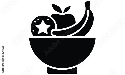 Vector graphic illustration of a bowl with a banana, apple, and starfruit, showcasing a simple yet appealing design.
