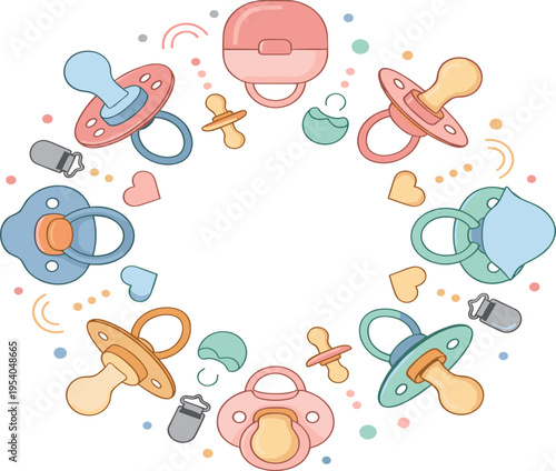 Cute Baby Pacifier Circular Frame Vector with Colorful Soothers, Nipples, Hearts, and Nursery Elements for Infant Care and Kids Design.