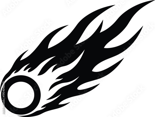 Flying meteor fireball icon, flaming comet vector illustration, space asteroid silhouette, burning flame trail sign, cosmic energy power symbol, celestial speed element