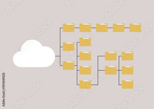 Visualizing a network of digital folders connected to a cloud, representing the seamless organization and retrieval of data in modern cloud technologies, This signifies innovation in tech.
