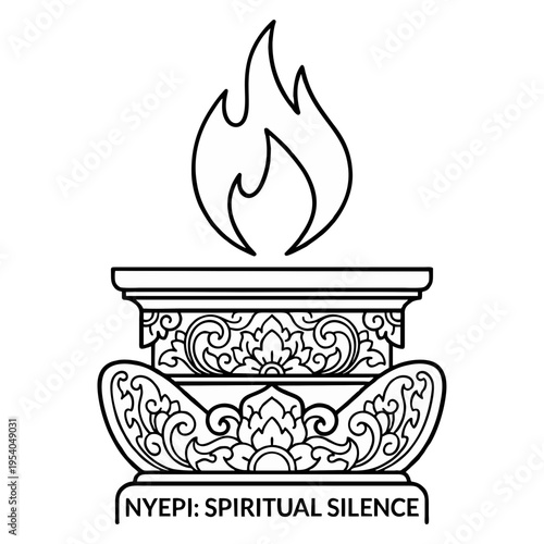 This striking vector graphic illustration presents a traditional Balinese style flame symbol resting gracefully upon an intricately carved ornate pedestal, embodying the profound spiritual essence, qu
