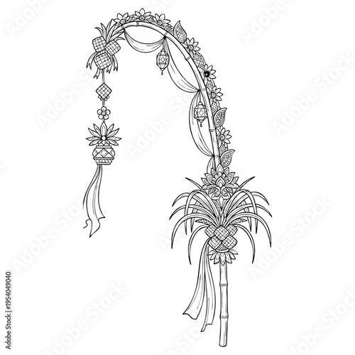 The detailed vector graphic illustration showcases a traditional Balinese penjor, an elegantly curved bamboo pole richly decorated with intricate flowers, woven offerings, flowing ribbons, and delicat