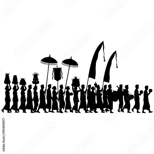 A striking vector illustration depicts a traditional Balinese religious procession, showcasing a long line of people in silhouette carrying intricate offerings, ceremonial umbrellas, and tall flags, a