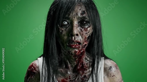 Spooky zombie woman with severe makeup for halloween horror concept