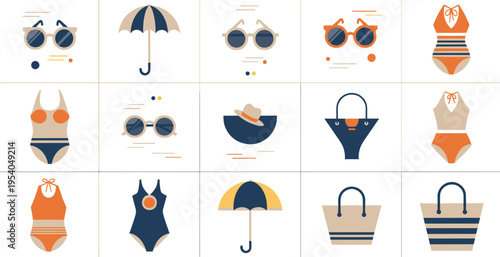 Minimalist Summer Beach Accessories Vector Set with Swimsuits Sunglasses Umbrella Hats Bags and Vacation Essentials for Stylish Holiday Design