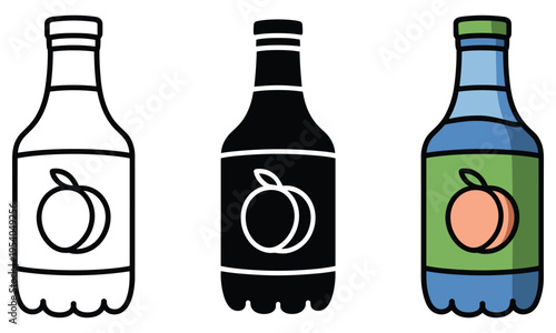 Vector graphic illustration of three peach liqueur bottles in different colors and designs for branding