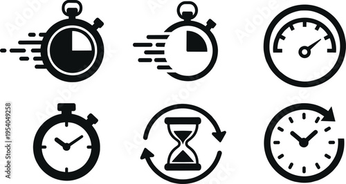 Stopwatch and timer icons, black clock silhouettes, speed measurement symbols, hourglass with arrows, productivity and deadline management vector illustrations.