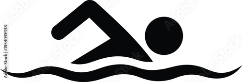 Swimming person icon, black swimmer silhouette on water wave, professional pool competition, summer sport activity, athletic training, aquatic leisure.