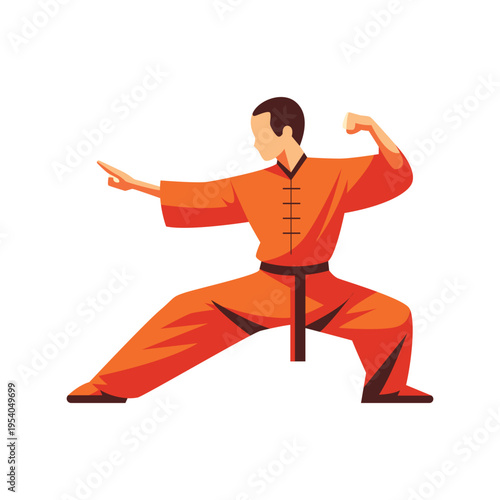 Martial Arts Kung Fu Practitioner In Traditional Orange Uniform Performing Strong Stance