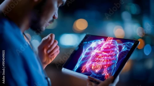 Healthcare professional reviewing a glowing digital chest scan on a tablet in a modern medical setting