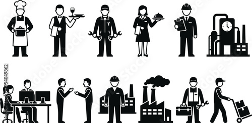 Professional worker icons set featuring chef, waiter, mechanic, engineer, factory building, office staff, industrial workers, and delivery person silhouettes for business industry career concepts