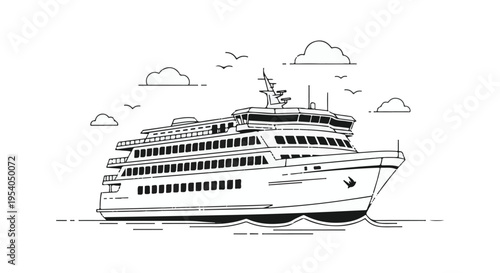 Passenger Ferry Ship Line Art Vector Illustration Cruise Boat Marine Transport Travel Concept
