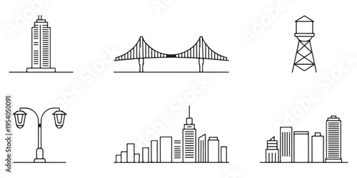 Urban Infrastructure and City Landmark Icon Set - Minimalist Linear Illustrations of Architecture and Civil Engineering