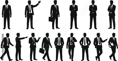 Businessmen silhouettes set featuring professional poses including walking with briefcase, pointing, checking watch, standing with crossed arms, and various corporate executive actions