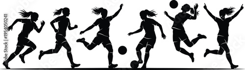Female Soccer Player Silhouettes Set, Woman Football Athlete Running Kicking Dribbling Jumping Celebrating, Girl Sport Action Poses, Professional Team Competition Graphics, Athletic Training Fitness