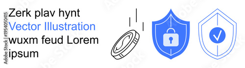 Data protection, online security, blockchain, financial technology, cybersecurity, encryption. A coin and shields with a lock and checkmark. Data protection and online security