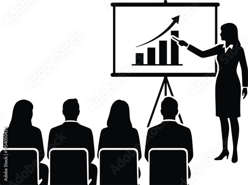 Business woman presenting growth chart to audience silhouette vector for corporate seminar, office workshop, financial report, and professional meeting presentation.