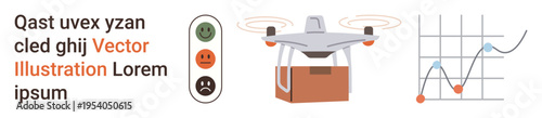 Delivery services, customer feedback, data analytics, logistics, modern technology, performance tracking. quadcopter carrying a package, feedback scale and data chart. Delivery services and customer