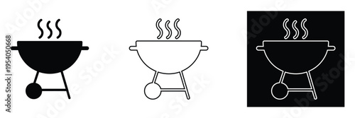 Three barbecue grill icons in black white and outline on white and black background