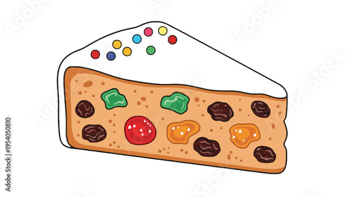 A cartoon illustration of a slice of fruitcake with white icing