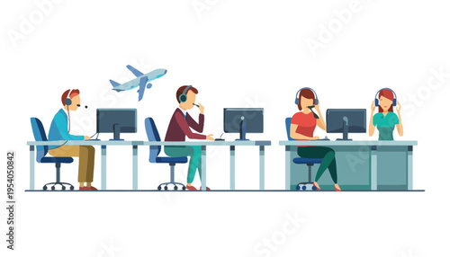 Customer service team working at call center with computers and headsets
