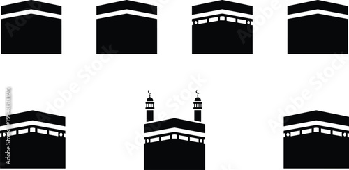 Black Kaaba silhouette vector icons set for Hajj and Umrah pilgrimage designs featuring Islamic holy landmarks in Mecca Saudi Arabia.