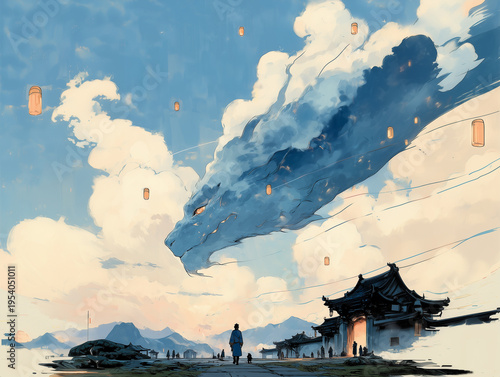 blue ink chinese dragon in the sky