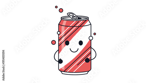 A cartoon soda can character with a happy face and bubbles