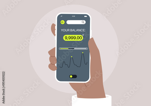 A hand holds a smartphone displaying a bank app balance, The scene conveys a sense of modern financial management and digital convenience.