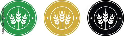 Wheat grain badges for organic farm bakery, agriculture cereal icons, natural flour quality labels, barley ear harvest, and botanical.