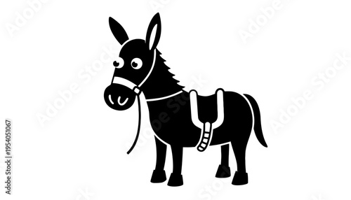 A black donkey silhouette with a saddle and bridle standing alone