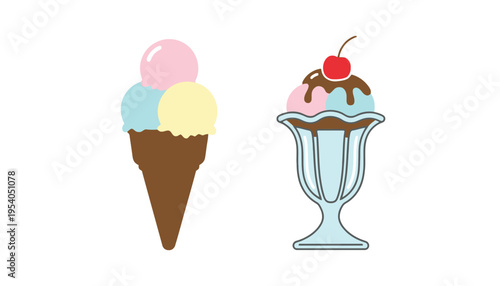 Ice cream vector icons with cone and sundae dessert illustrations