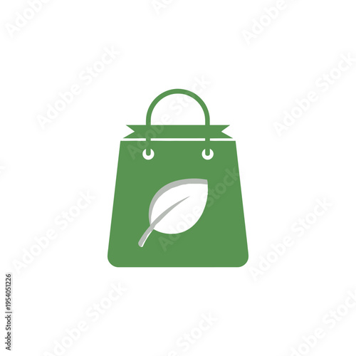 Green reusable shopping bag with leaf.