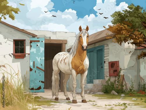 Illustration of a horse in the yard
