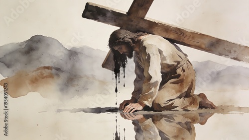 Jesus Christ, burdened by the heavy wooden cross, kneels in anguish on the ground, his face reflecting deep suffering and sacrifice.