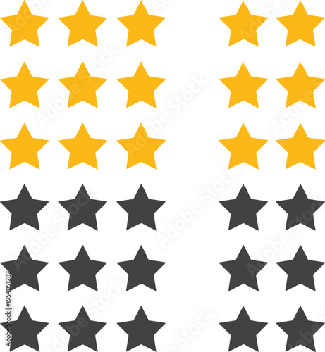 Yellow and grey star rating icons for customer feedback, service quality review, ranking system interface, evaluation symbol, best choice,