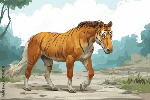 a tiger with a horse body, mountains and seas passing through Lu and Shu