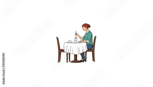 A woman sitting alone at a small table in a restaurant
