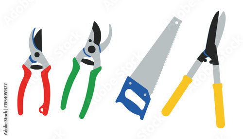 Gardening tool set with colorful handles and sharp blades illustration
