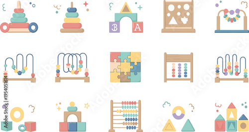 Photos Educational Baby Toys Vector Set with Stacking Rings, Abacus, Shape Sorter, Puzzle, Bead Maze, and Learning Blocks for Kids Development Design